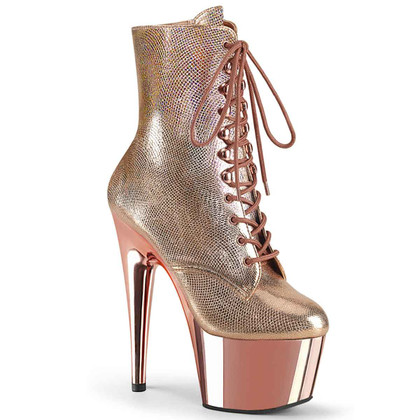 Adore-1020RG, 7" Rose Gold Textured Metallic Lace-up Ankle Boots By Pleaser