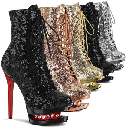 Blondie-R-1020SQ, 6" Sequins Lace-up Ankle Boots with Rhinestones in Mid Platform by Pleaser USA