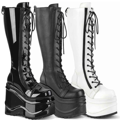 WAVE-200, 6 Inch Wedge Lace-up Knee High Boots by Demonia