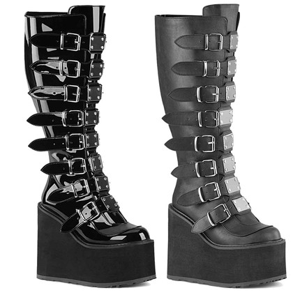 SWING-815WC, Wide Calf Metal Buckle Black Knee High Boot By Demonia