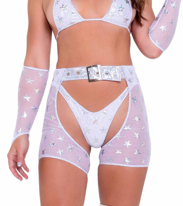 R-6083 - White Mesh Starts Print Chaps with Belt By Roma