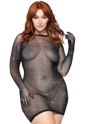 LA86124X, Plus Size Rhinestone Gloved Mini Dress by Leg Avenue