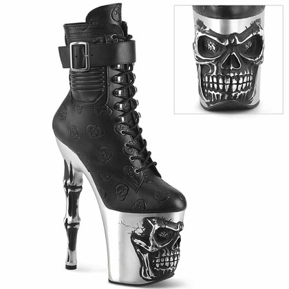 RAPTURE-1020STR-02, Ankle Boots with Skull Sculpted Platform By Pleaser USA