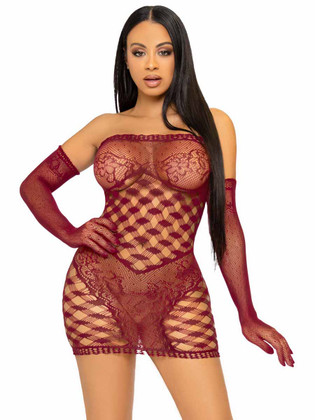 LA86136, Burgundy Tube Dress with Gloves