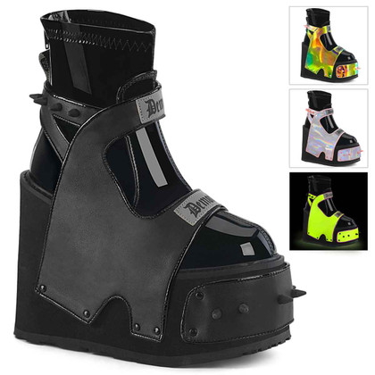 TRANSFORMER-808, Wedge Platform Ankle Boots with Reflective Panels By Demonia