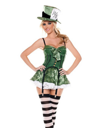 M9009, Mad Hatter costume includes bustier, skirt, hat and stockings