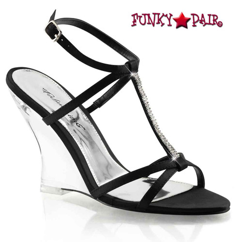 Black Lovely-428, 4" Clear Wedge T-Strap Rhinestones | Fabulicious