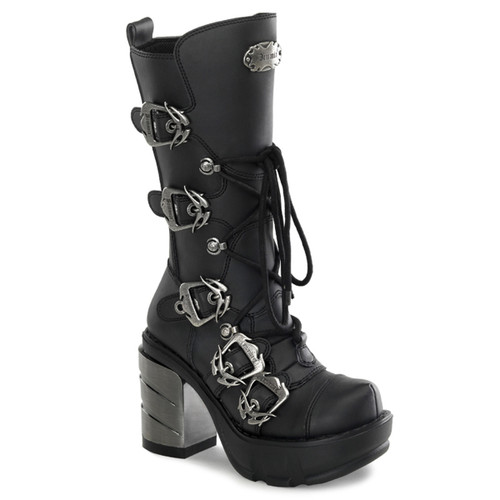 SINISTER-203, Multi Straps Demonia Calf Women Punk boots by Demonia
