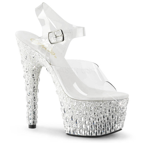 Adore-708MR-5, 7 Inch Stiletto HeelAnkle Strap Sandal with Silver Glitters and Rhinestones