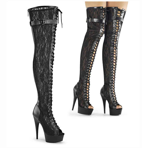 Delight-3025ML, 6" Mesh Lace Up Thigh High Boots By Pleaser USA