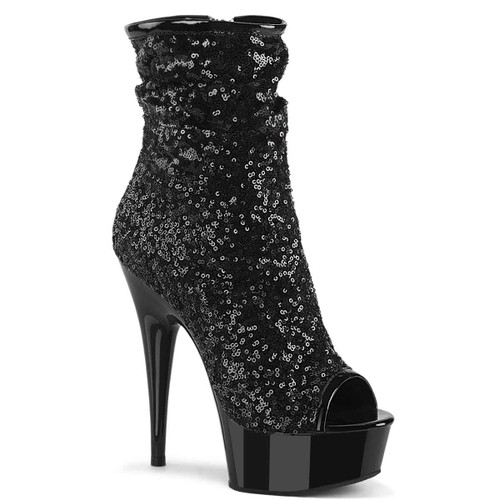 Delight-1008SQ, 6 Inch Black Sequin Peep Toe Ankle Boots by Pleaser