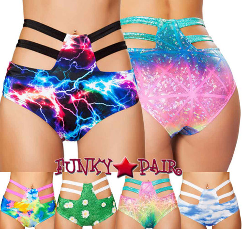 Roma | SH3256, Rave High-Waisted Strapped Shorts Color available: Tie Dye, Electric, Multi laser Hologram, Grass, Cloud