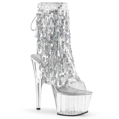 Pleaser | Adore-1017SQF, Silver Sequin Fringe Ankle Boots