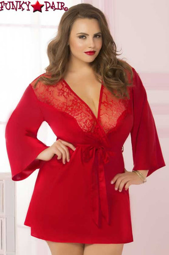 Plus Size Satin and Eyelash Robe STM-10695X color red