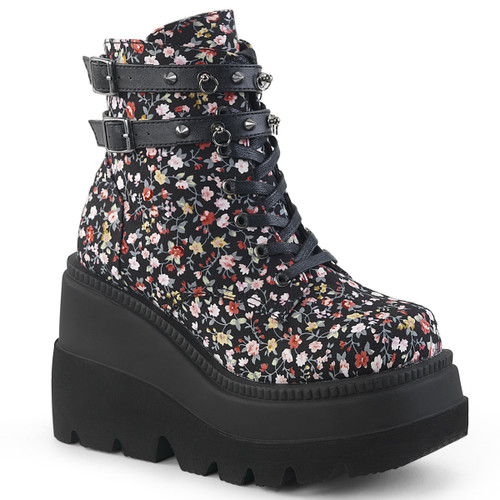 Shaker-52ST, Gothic Wedge Ankle Boots with Flower Design by Demonia