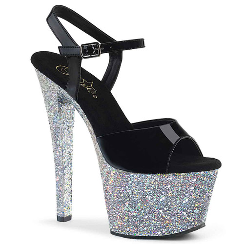Sky-309LG, 7 Inch Platform Sandal with Holographic Silver Glitters By Pleaser