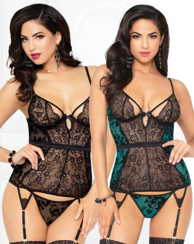 STM-10925, Mesh and Lace Bustier Set | Seven 'til Midnight color available: Black, Green