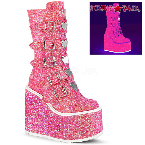 Glitter Boots | SWING-230G, Mid-Calf Glitters Boots with Heart Buckles Straps color pink