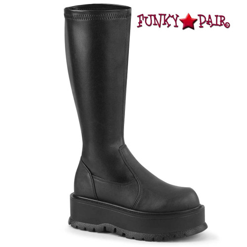 Slacker-200, Platform Stretch Knee High Boots Black Vegan Leather By Demonia