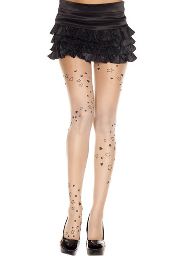 Heart and Star Print Pantyhose by Music Legs | ML-7202