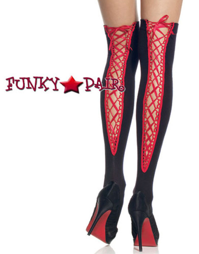 Black/Red Ladies Stockings Satin Lace Up Back | Leg Avenue (6289)