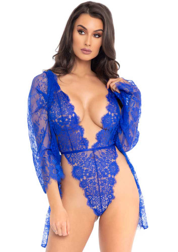 LA86112, Blue Lace Teddy and Matching Lace Robe