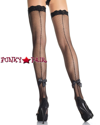 9025, Fishnet Stocking with Backseam and Satin Bow on Back