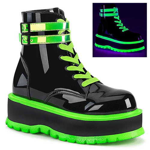 Slacker-52, Green Raver Ankle Boots with Pink UV Reactive