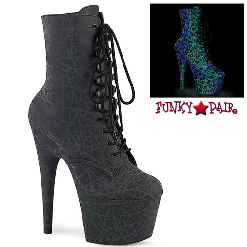 Adore-1020REFL, 7" Lace-up Ankle Boots with Reflective Upper Color Green/Purple by Pleaser