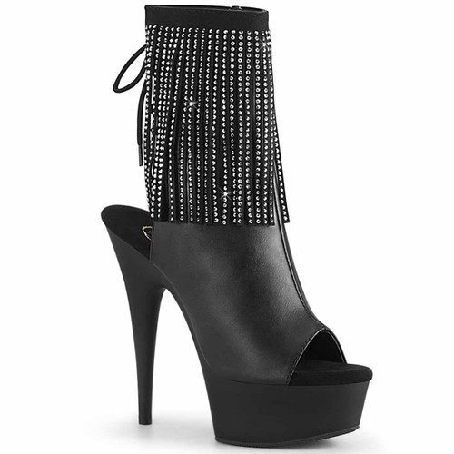 Pleaser | Delight-1018RSF, Open Toe/Back Rhinestones Fringe Ankle Boots black faux leather