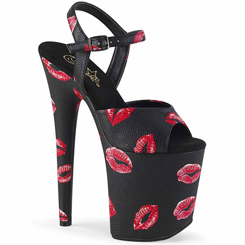 Pleaser | Flamingo-809KISSES 8 Inch Lip Print Sandal black faux leather