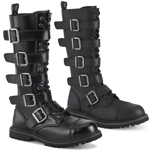 RIOT-18, Men's Leather Boots With Buckles By Demonia