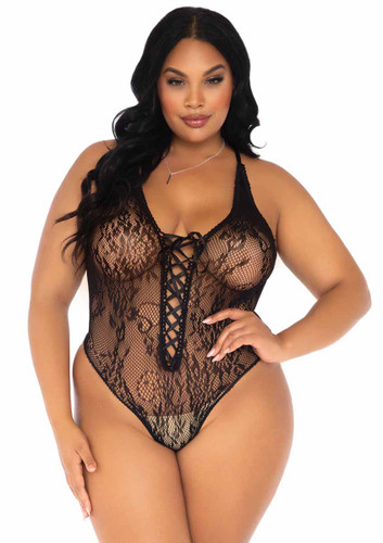 LA89248X, Plus Size Floral Lace Thong Teddy by Leg Avenue