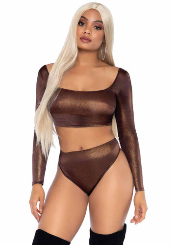 LA89262, Shimmer Crop Top and High Waist Thong color Bronze by Leg Avenue