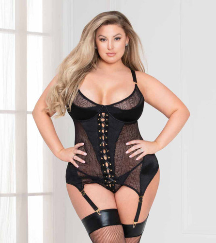 STM-11109X, Plus Size Lace and Microfiber Bustier Set by Seven Till Midnight