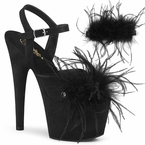 7" Removable Black Marabou Feather on Vamp Ankle Strap Sandal Adore-709F, by Pleaser
