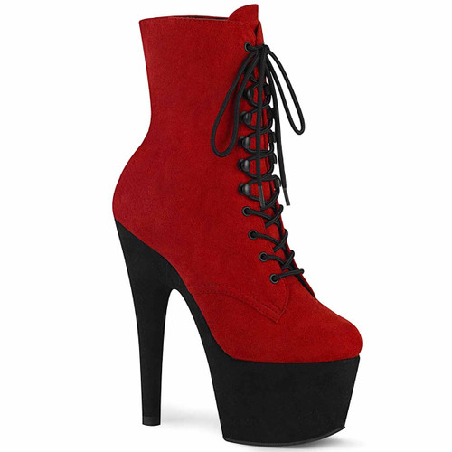 Adore-1020FSTT, 7" Red Two-Tone Suede Ankle Boots by Pleaser