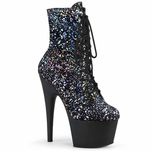 Adore-1020SPLAT, 7" Ankle Boots with Holographic Splatter Print by Pleaser