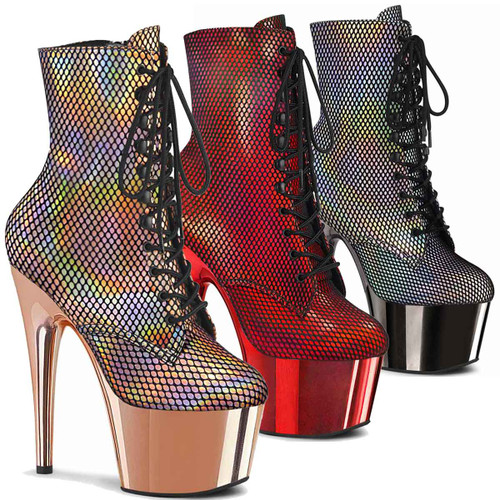 Adore-1020HFN, 7" Holographic Fishnet Overlay Ankle Boots by Pleaser