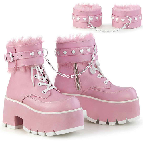 Ashes-57, Chunky Heel Baby Pink Vegan Leather Ankle Boots with Removable Ankle Cuffs By Demonia