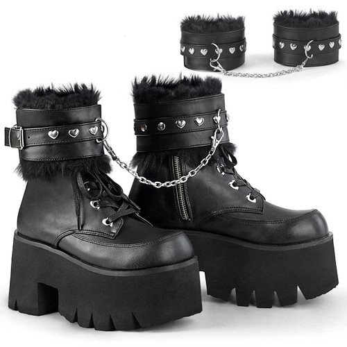 Ashes-57, Demonia Chunky Heel Black Vegan Leather Ankle Boots with Removable Ankle Cuffs