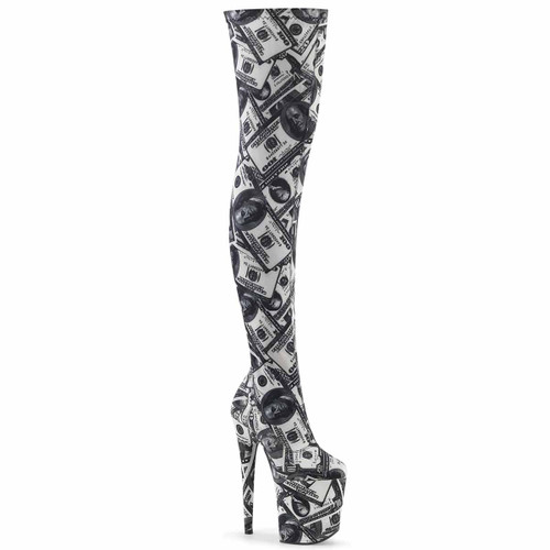 FLAMINGO-3000DP, 8" Money Prints Thigh High Platform Boots by Pleaser