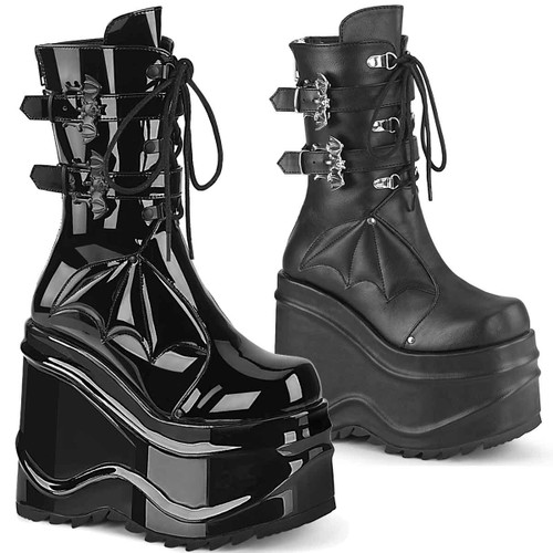 WAVE-150, Wedge Platform Boots with Bat Buckles by Demonia