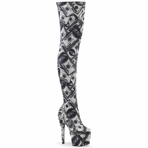 Pleaser | ADORE-3000DP, 7" Dollar Print Stretch Fabric Thigh High Boot