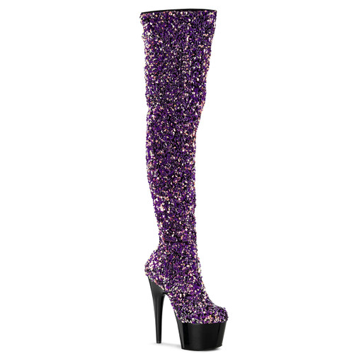 ADORE-3020, 7" Purple Stretch Sequin Thigh High Boot By Pleaser