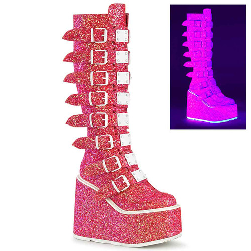 Swing-815UV, Pink Glitter Platform Knee High Boot w/Buckle Straps by Demonia