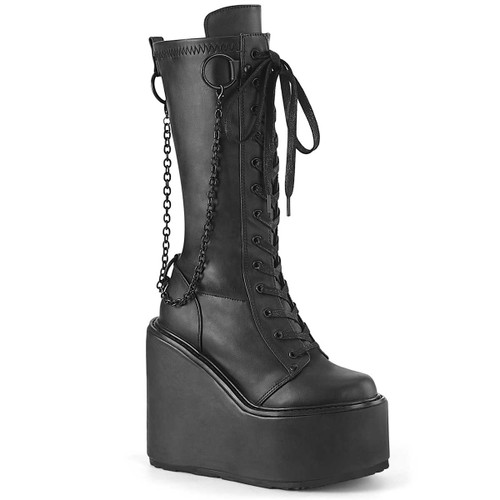 Swing-150,  Wedge Platform Stretch Knee High Boot Black Vegan Leather By Demonia