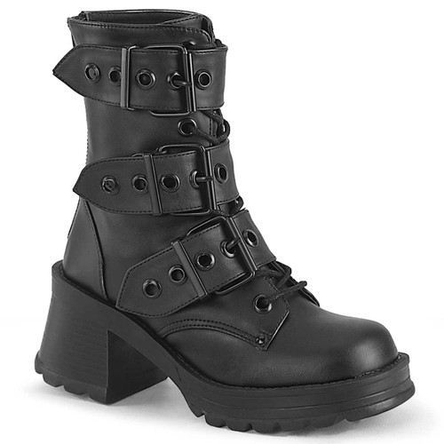 BRATTY-118, Black Vegan Leather Chunky Buckle Straps Ankle Boots By Demonia