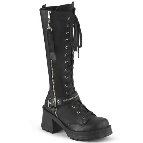 BRATTY-206, Black Vegan Leather Chunky Heel Knee High Boot By Demonia