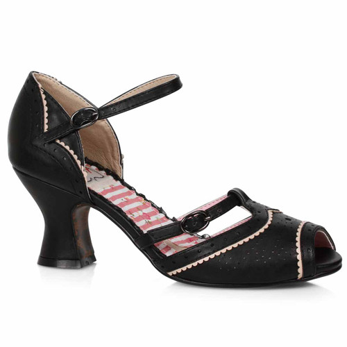 BP253-NICOLE, 2.5" Black Two Toned T-Strap Peep Toe Shoe By Bettie Page